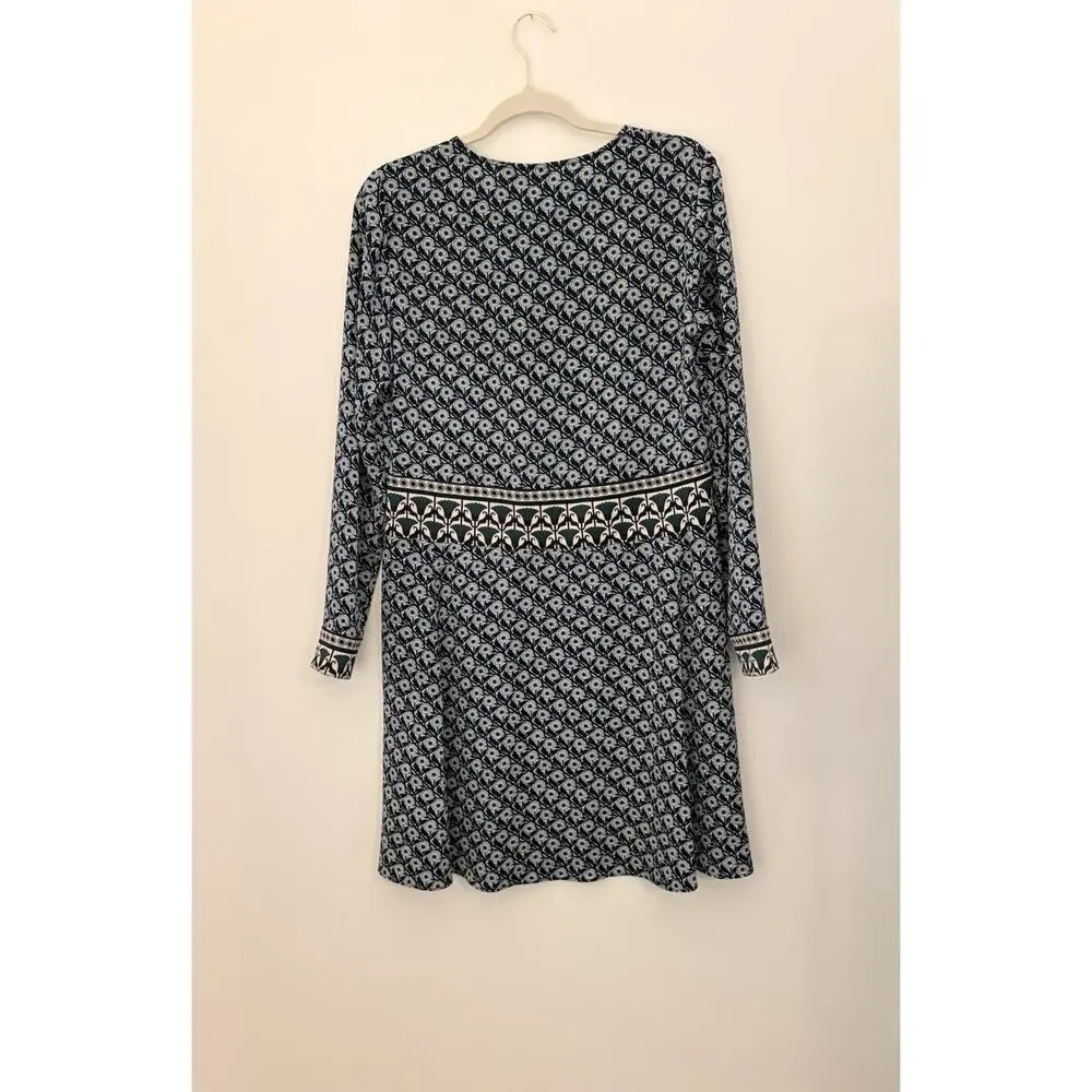 Tory Burch Long Sleeve Dress Goemetric/Floral Pattern Blue Green V-neck Size 6